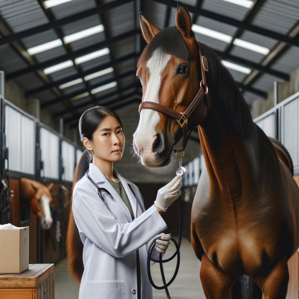 Veterinarian performing proactive health management check-up on a healthy Quarter Horse, showcasing optimal equine health care and horse well-being in a clean stable, emphasizing Quarter Horse care and proactive equine health for horse health maintenance.