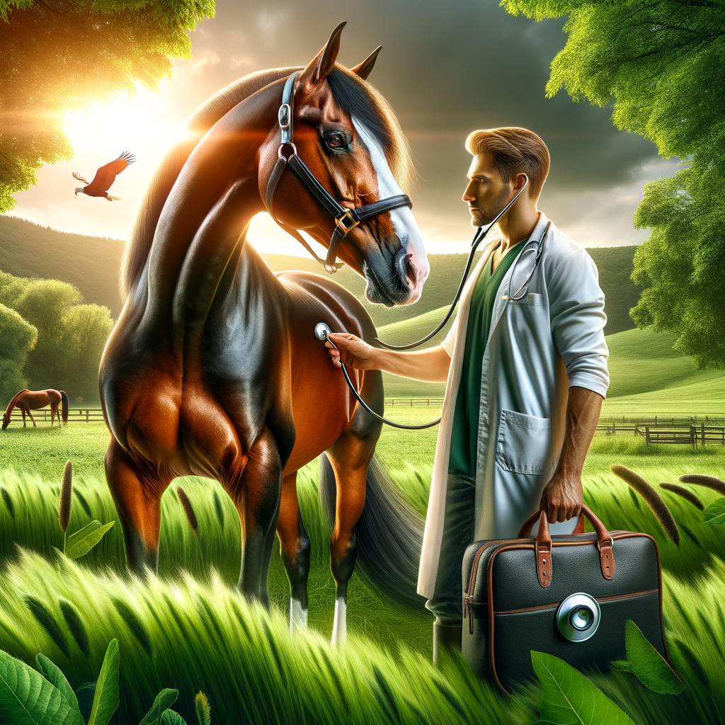 Veterinarian performing routine check-up on a healthy Quarter Horse in a lush pasture, symbolizing the importance of prioritizing equine health and Quarter Horse wellness.