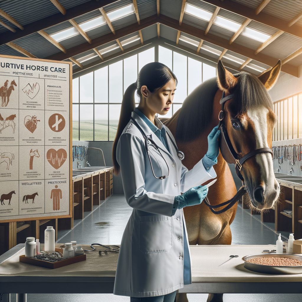 Veterinarian performing proactive equine care during a Quarter Horse health check-up, demonstrating horse health maintenance and preventive care for Quarter Horses, with equine health tips and wellness practices infographics in the background.