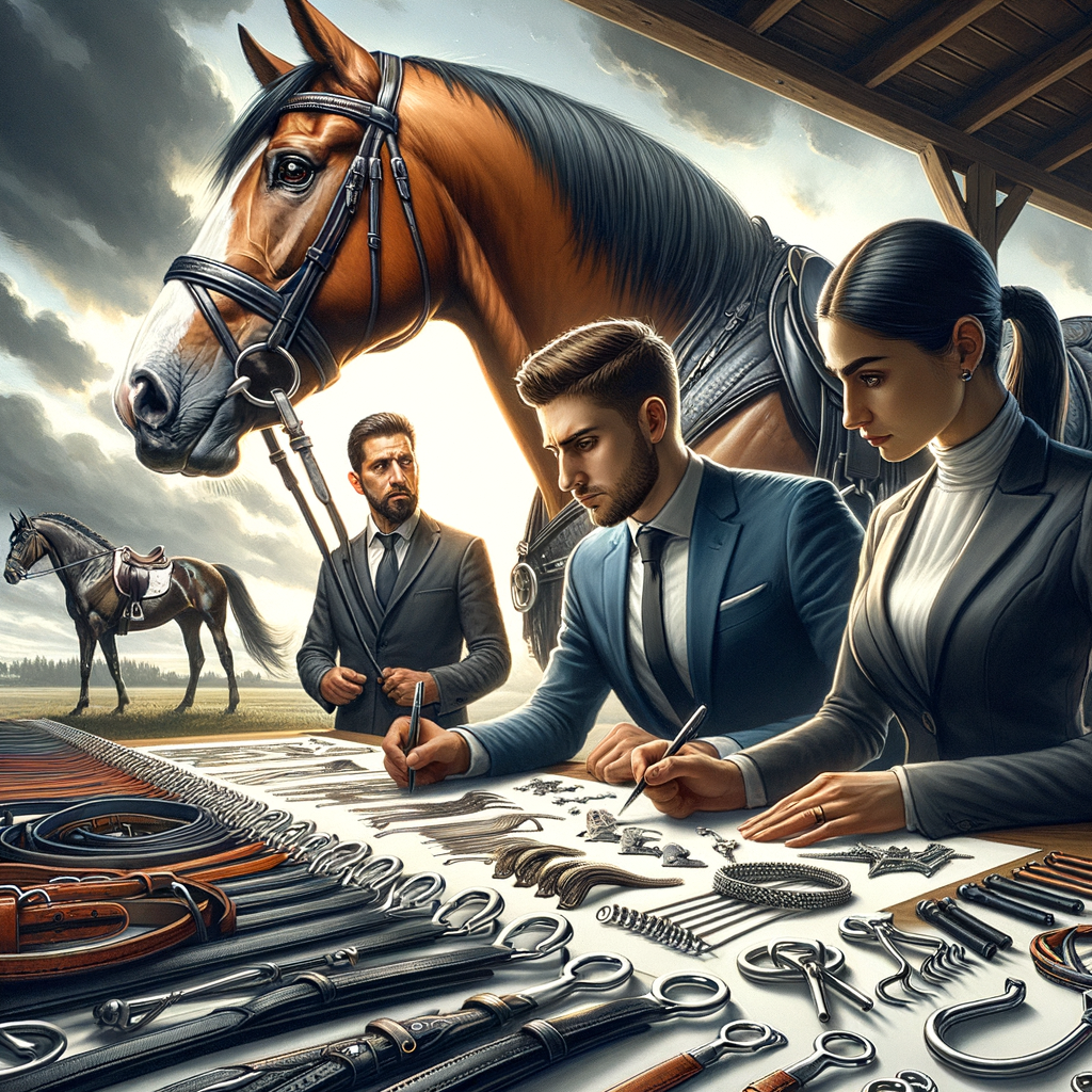 Equestrian expert selecting the best Quarter Horse tack from a variety of horse riding equipment, showcasing a guide to Quarter Horse gear selection for optimal performance and comfort.