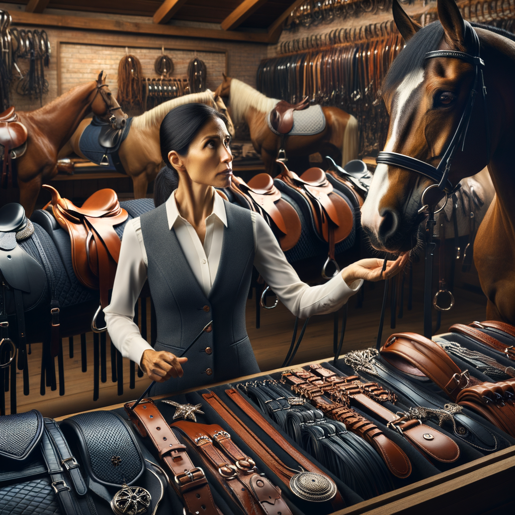 Equestrian expert demonstrating Quarter Horse tack selection, emphasizing the importance of choosing the right tack for horse activities and selecting the best horse riding equipment for optimal Quarter Horse activities.