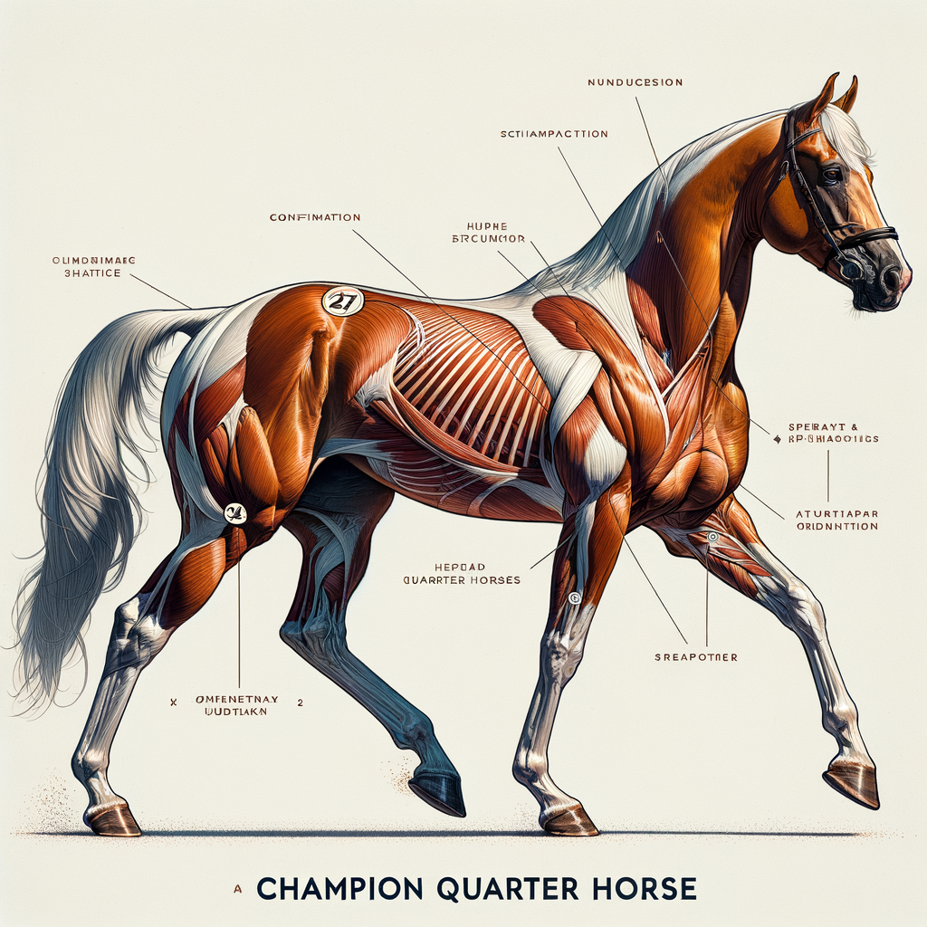 Annotated diagram of Champion Quarter Horse conformation, showcasing the unique structure and muscular build characteristic of Champion Quarter Horses for understanding horse anatomy.