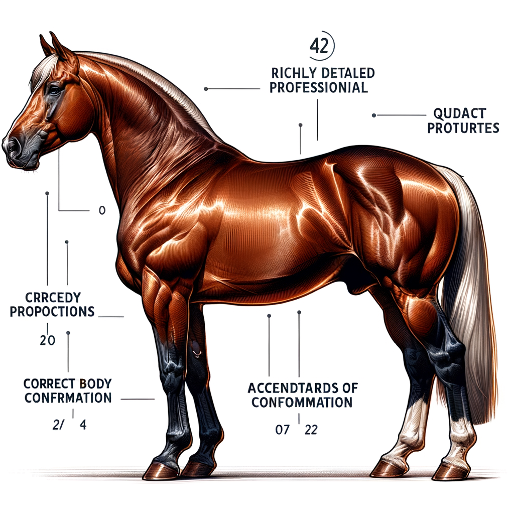 Annotated illustration of Quarter Horse conformation highlighting key aspects of horse standards, muscular structure, and body proportion for understanding Quarter Horse characteristics.