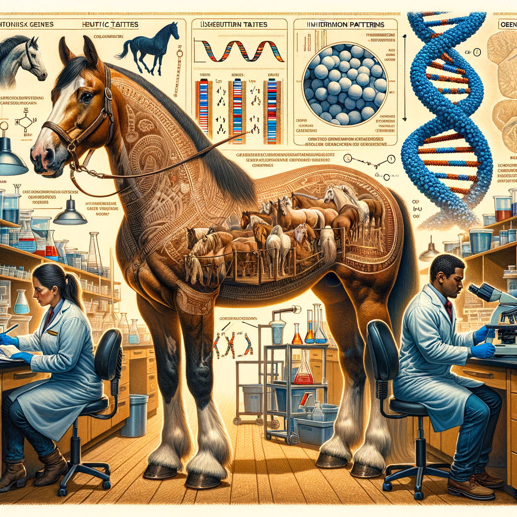 Scientists conducting equine genetic research and DNA analysis on a Quarter Horse, studying heredity patterns, genetic traits, and potential genetic disorders for advancements in the science of horse breeding and genetics in horse racing.