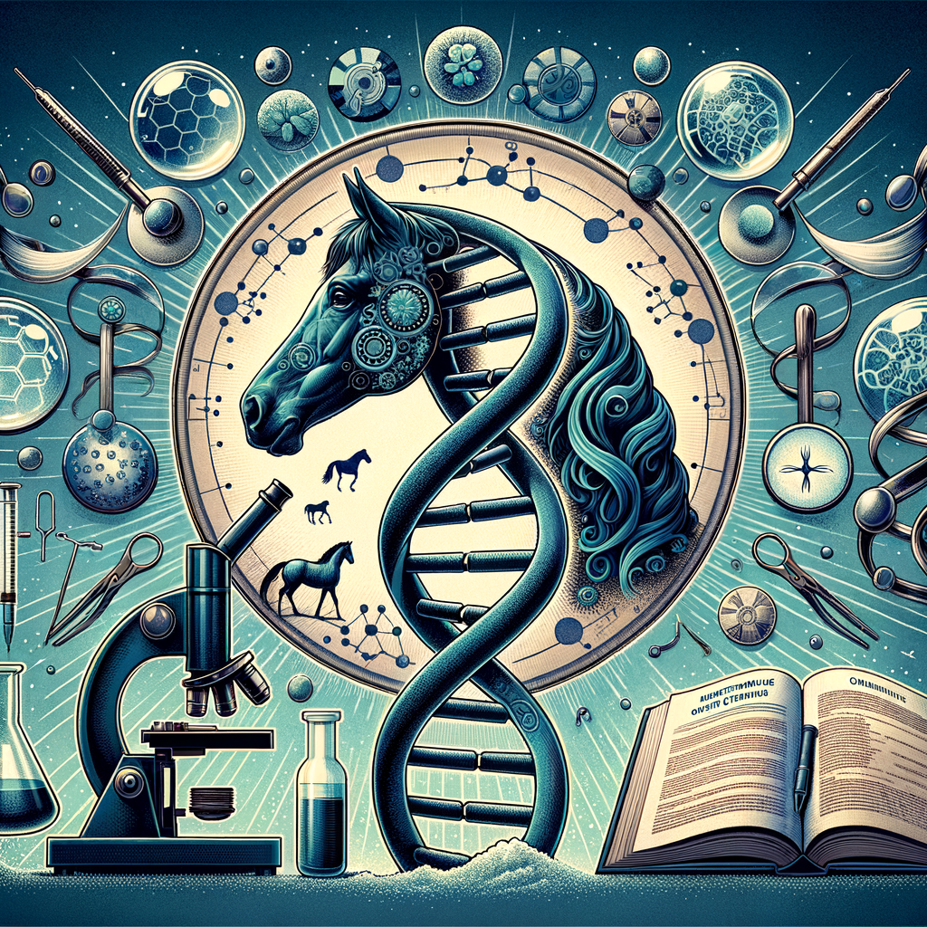 Scientific illustration of Quarter Horse DNA helix intertwined with horse silhouette, representing the complex science of Quarter Horse Genetics, with elements of equine genetic research and study.