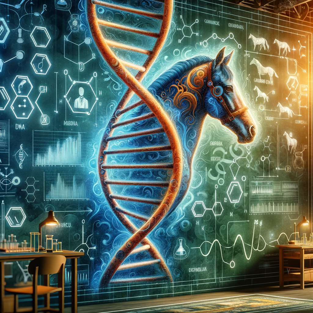 Close-up of Quarter Horse DNA strand intertwined with genetics symbols, showcasing the process of unlocking horse genetics and understanding Quarter Horse genetics in a laboratory setting.