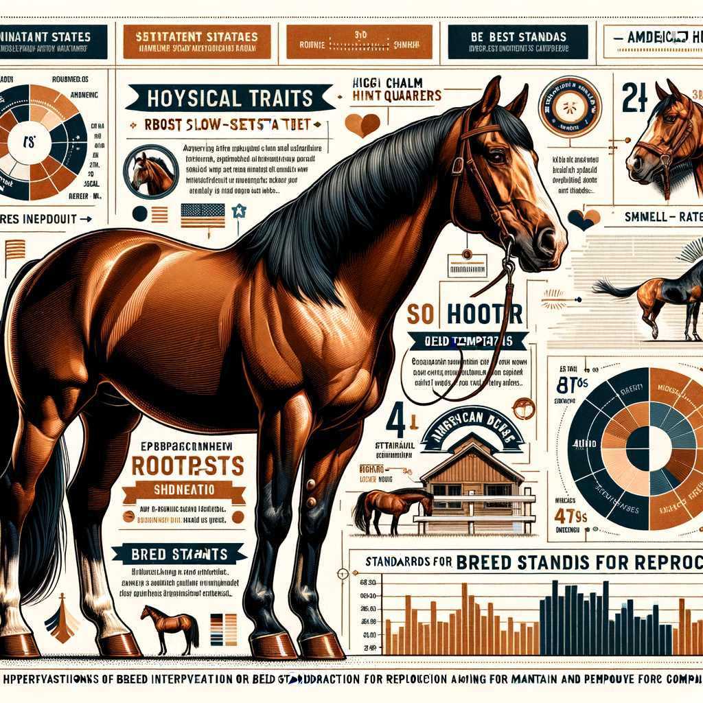 Infographic detailing American Quarter Horse breed characteristics, history, temperament, physical traits, conformation, genetics, and breed standards for breeding Quarter Horses.
