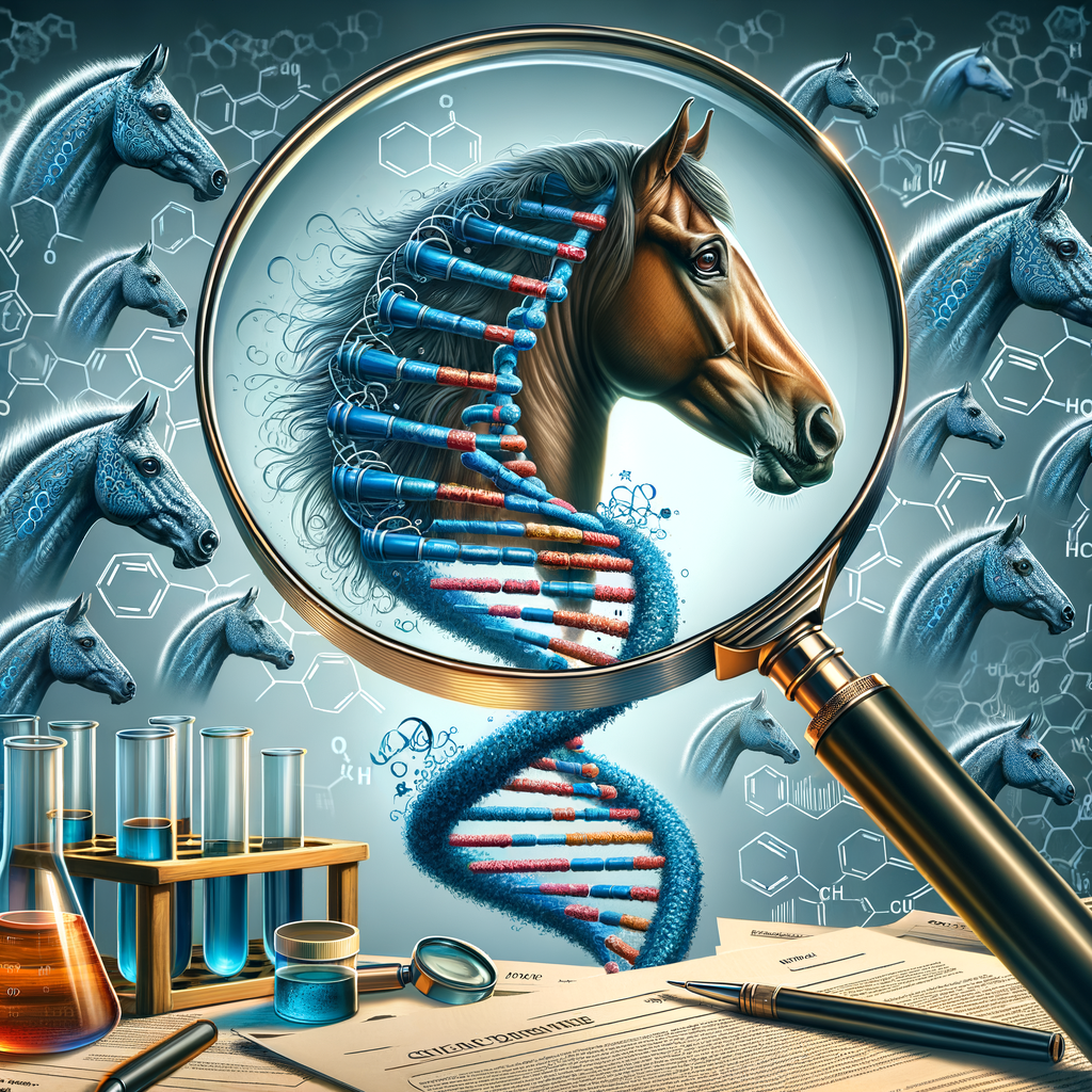 Scientific illustration of Quarter Horse DNA strand unraveling, revealing secrets of horse genetics and highlighting Quarter Horse breed genetic traits amidst a backdrop of horse genetic research papers.