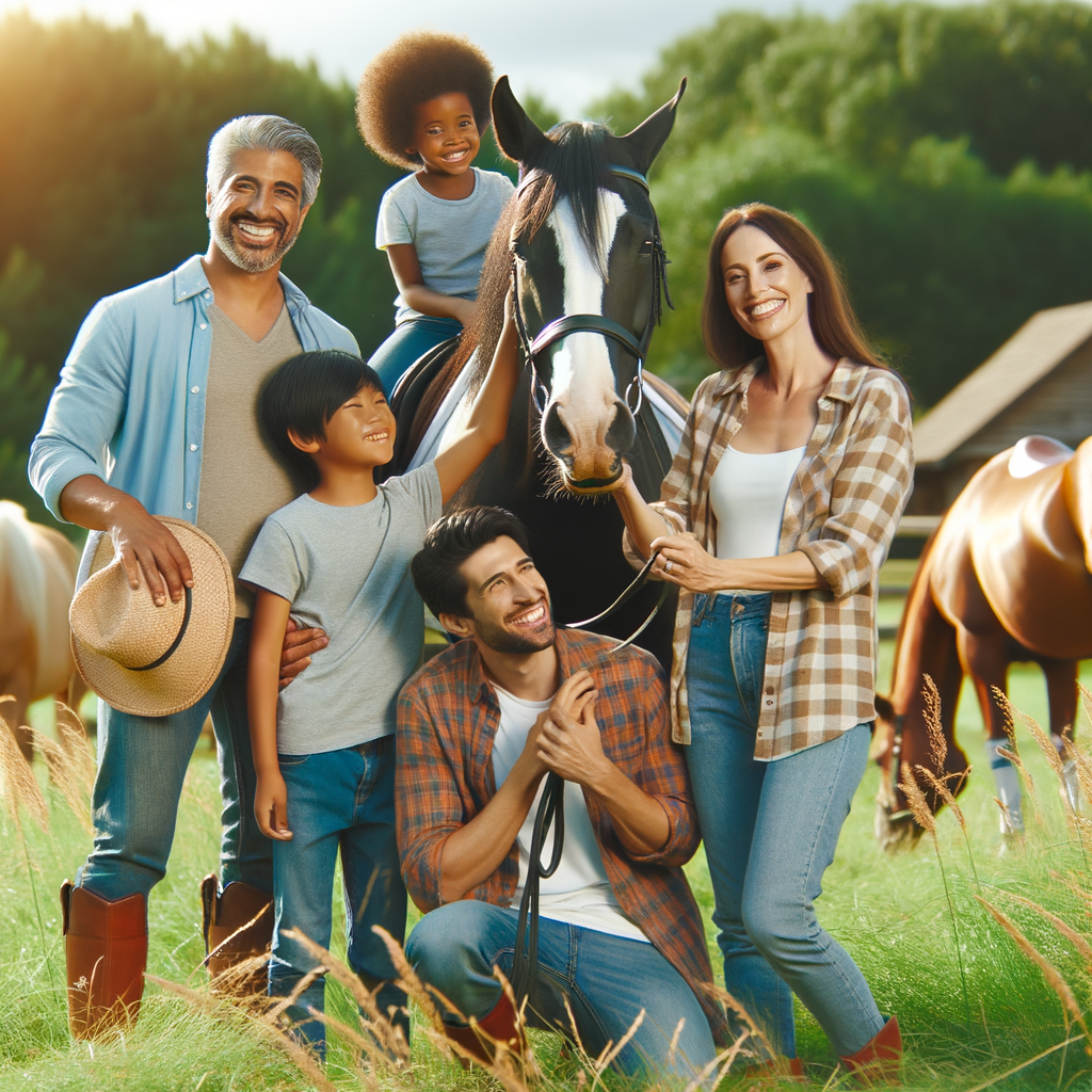 Joyful family of four bonding during Quarter Horse care and training in a lush pasture, showcasing the integration of a family-friendly Quarter Horse into their lifestyle