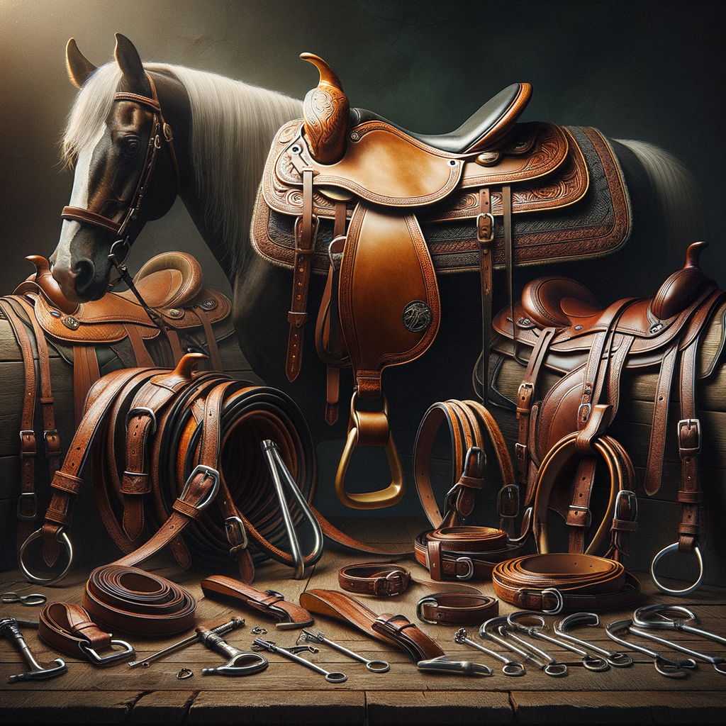 High-quality Quarter Horse tack display featuring essential horse riding equipment like a Quarter Horse saddle and bridles for Quarter Horses, perfect for any Quarter Horse enthusiast.