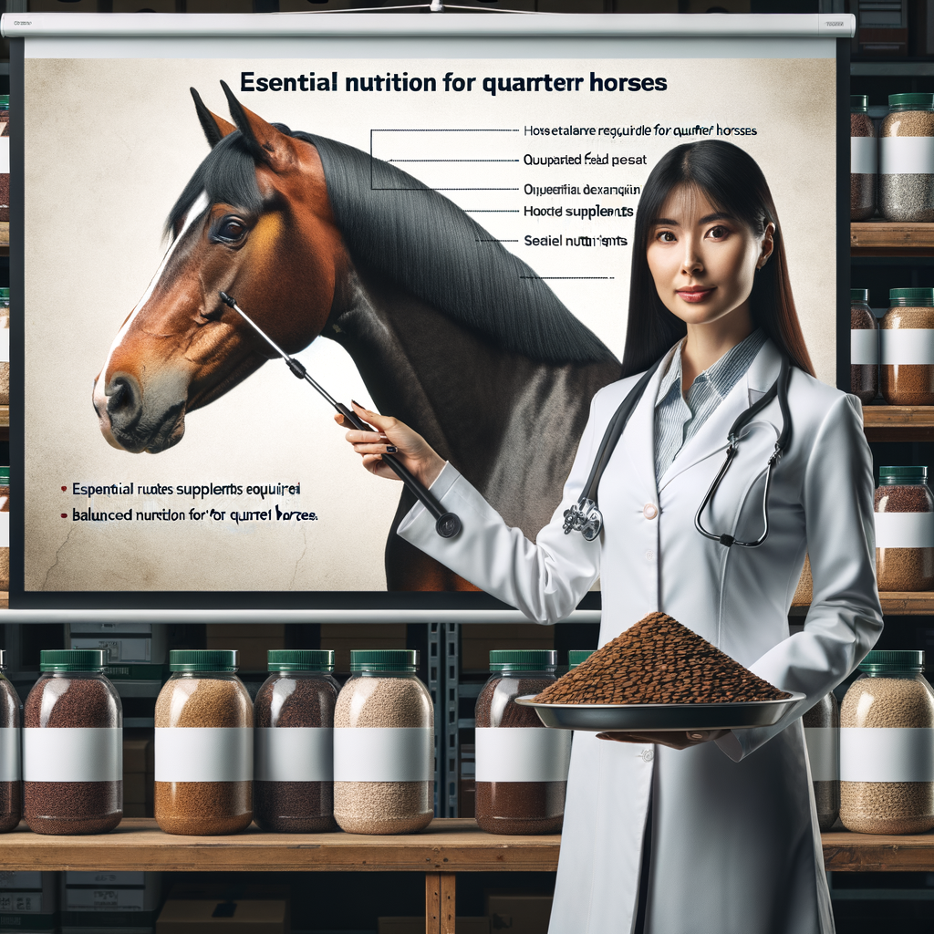 Veterinarian presenting on Quarter Horse Diet, Equine Nutrition, and Horse Feeding Guidelines, with a background of recommended Horse Feed for Quarter Horse Health and Balanced Diet for Horses.