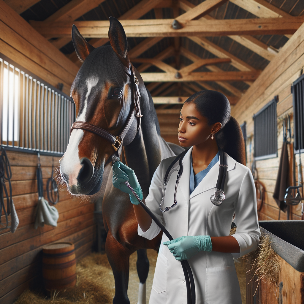 Veterinarian performing preventive care and wellness check on a healthy Quarter Horse in a stable, demonstrating Quarter Horse health care, equine care, and horse health prevention techniques.