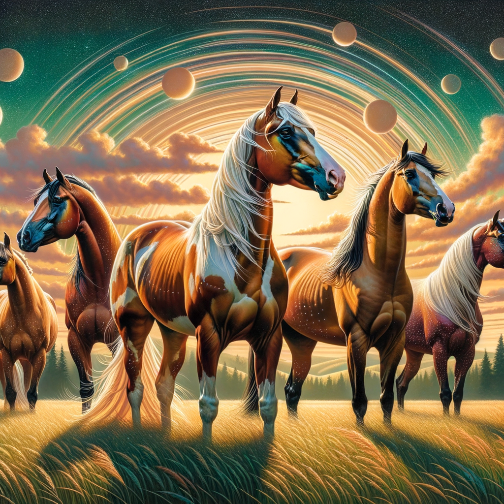 Famous Quarter Horses showcasing their unique markings and greatness in a lush pasture, symbolizing their legendary stories in the Quarter Horse community.