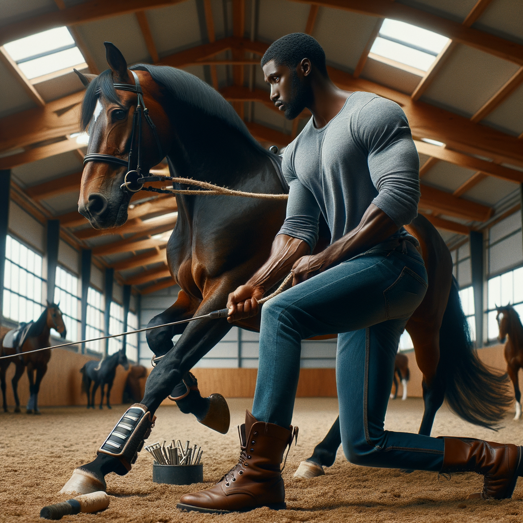 Professional horse trainer applying advanced horse training techniques on a Quarter Horse in an equestrian arena, showcasing effective training methods and tips for Quarter Horse performance training and conditioning.