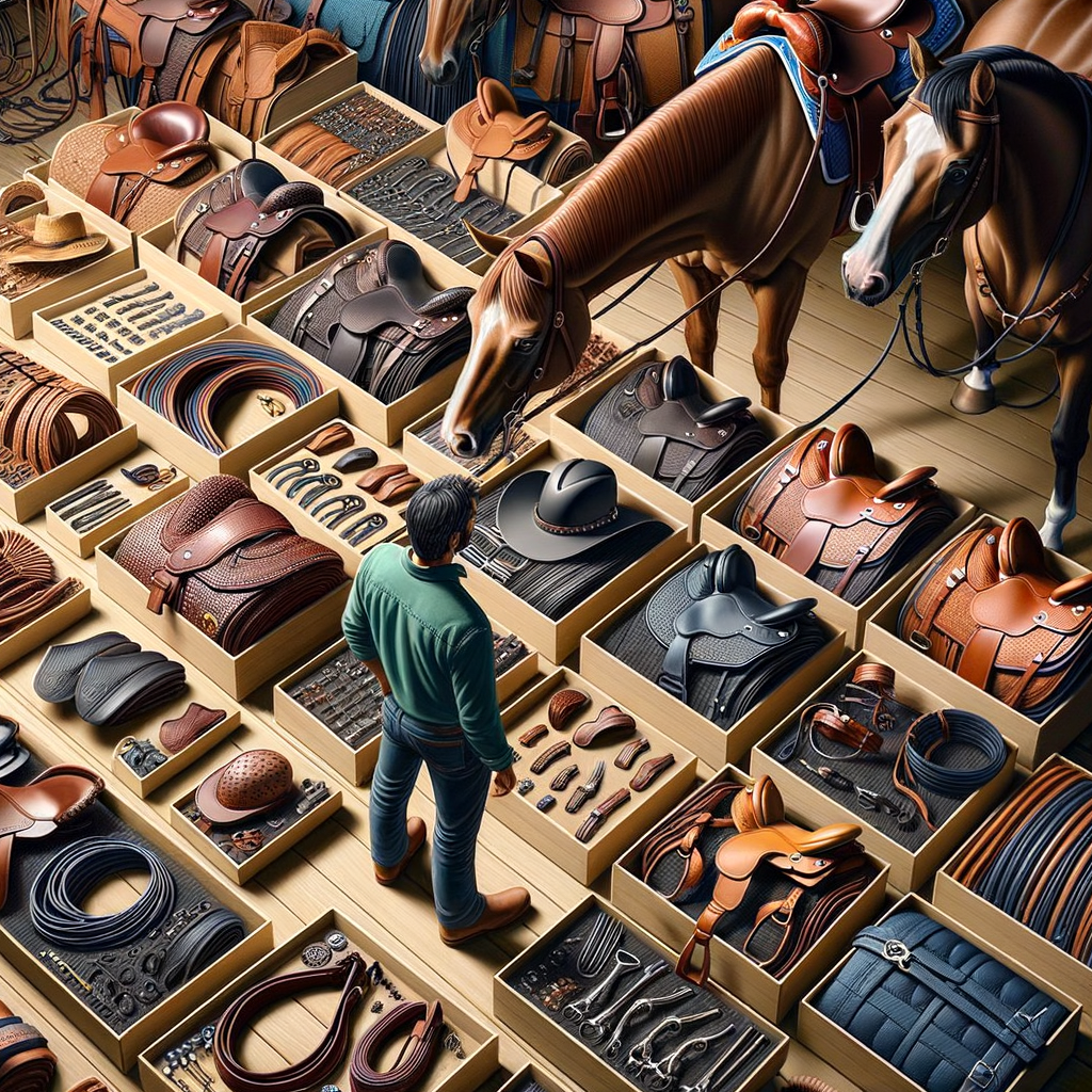 Quarter Horse owner examining a variety of Quarter Horse tack including saddles and bridles, demonstrating easy tack selection and providing a guide for choosing the right equestrian gear for Quarter Horses.