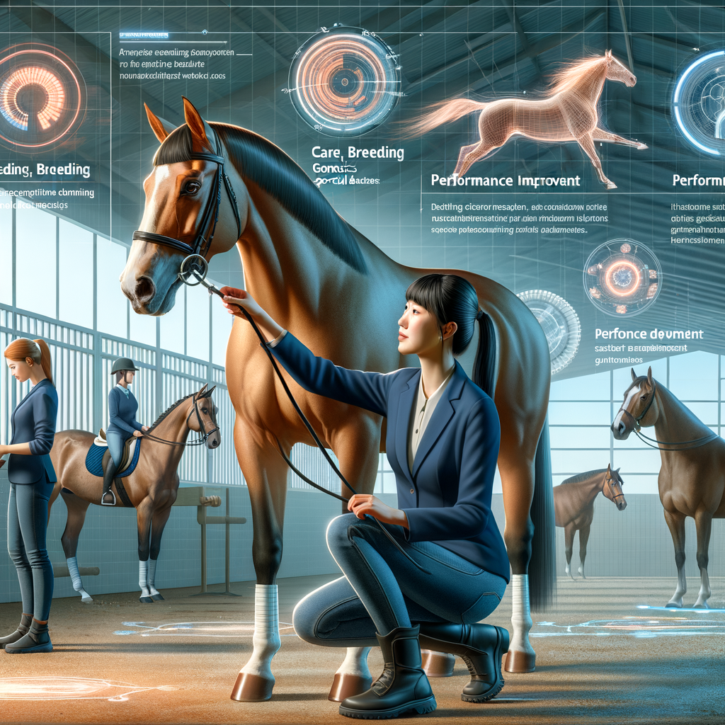 Professional horse trainer demonstrating advanced equestrian techniques and Quarter Horse training methods for improved performance, breeding, and care in a modern facility, highlighting Quarter Horse genetics and various horse development stages.