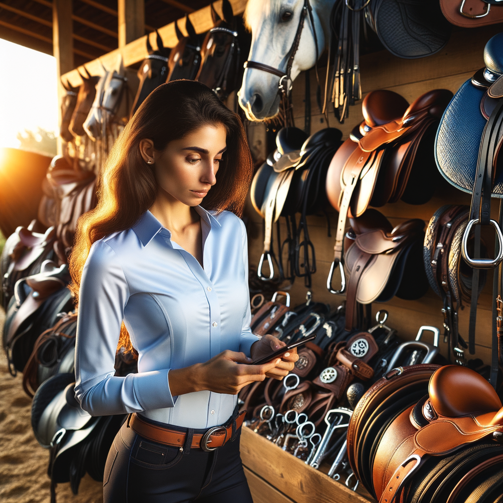 Equestrian expert choosing the best Quarter Horse tack from an array of high-quality equestrian equipment for optimal performance in Quarter Horse activities