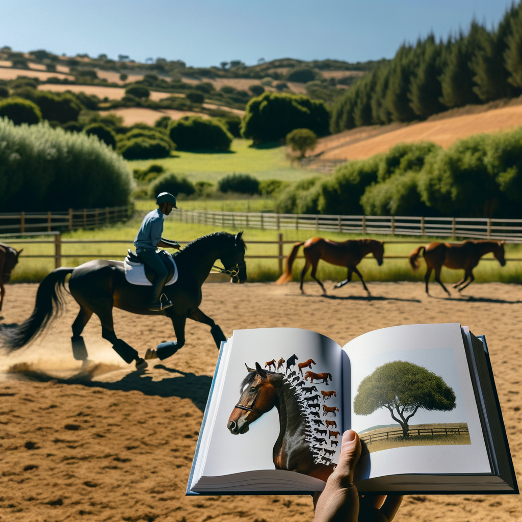 Professional horse trainer demonstrating advanced quarter horse training techniques in an outdoor arena, with a focus on fine-tuning horse training skills for improved quarter horse performance and a visible guidebook on quarter horse training methods.