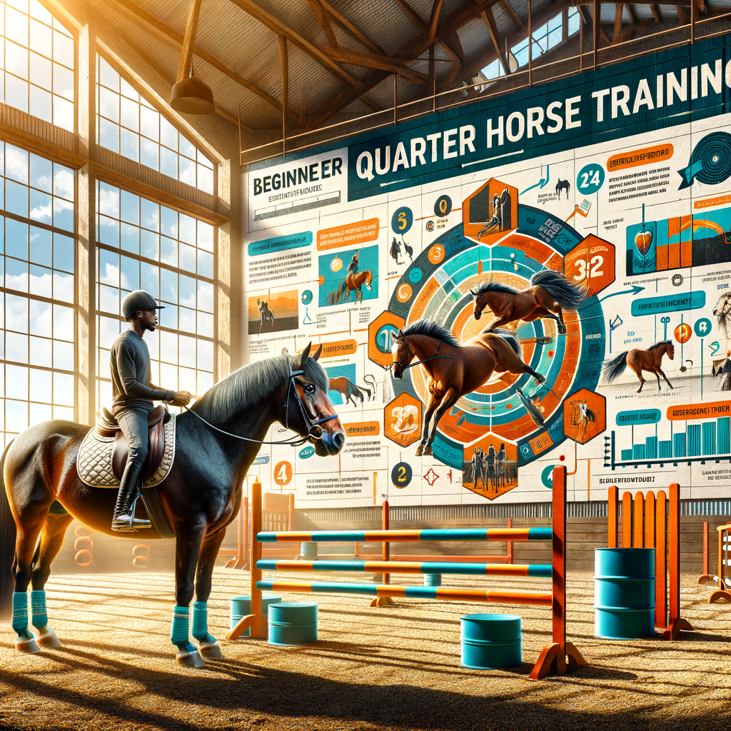 Professional trainer demonstrating beginner quarter horse training techniques with an infographic guide, essential tips, and step-by-step instructions for novice quarter horse training.