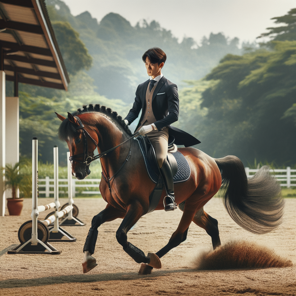 Expert equestrian trainer refining advanced Quarter Horse riding skills in an outdoor arena, demonstrating the mastery of Quarter Horse training techniques for improving riding skills.