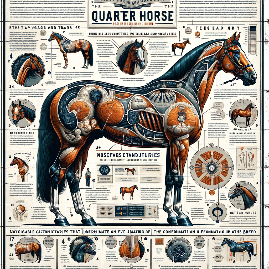 Infographic showcasing the anatomy, body structure, and physical traits of a Quarter Horse breed, highlighting key considerations in horse conformation, Quarter Horse characteristics, and tips for evaluating Quarter Horse conformation and breeding standards.
