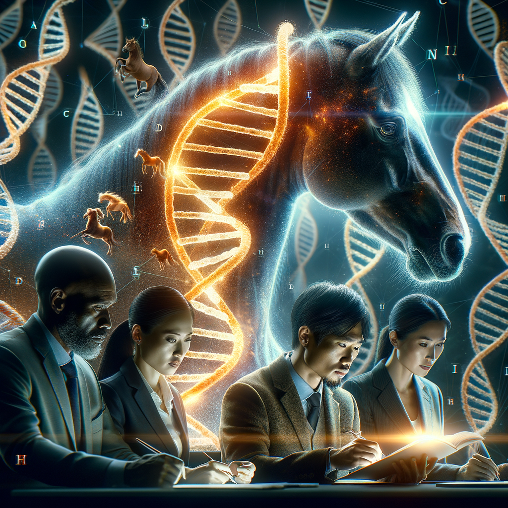 Quarter Horse breeders studying genetics chart, highlighting the importance of genetics in horse breeding and decoding Quarter Horse DNA strand against a dark background