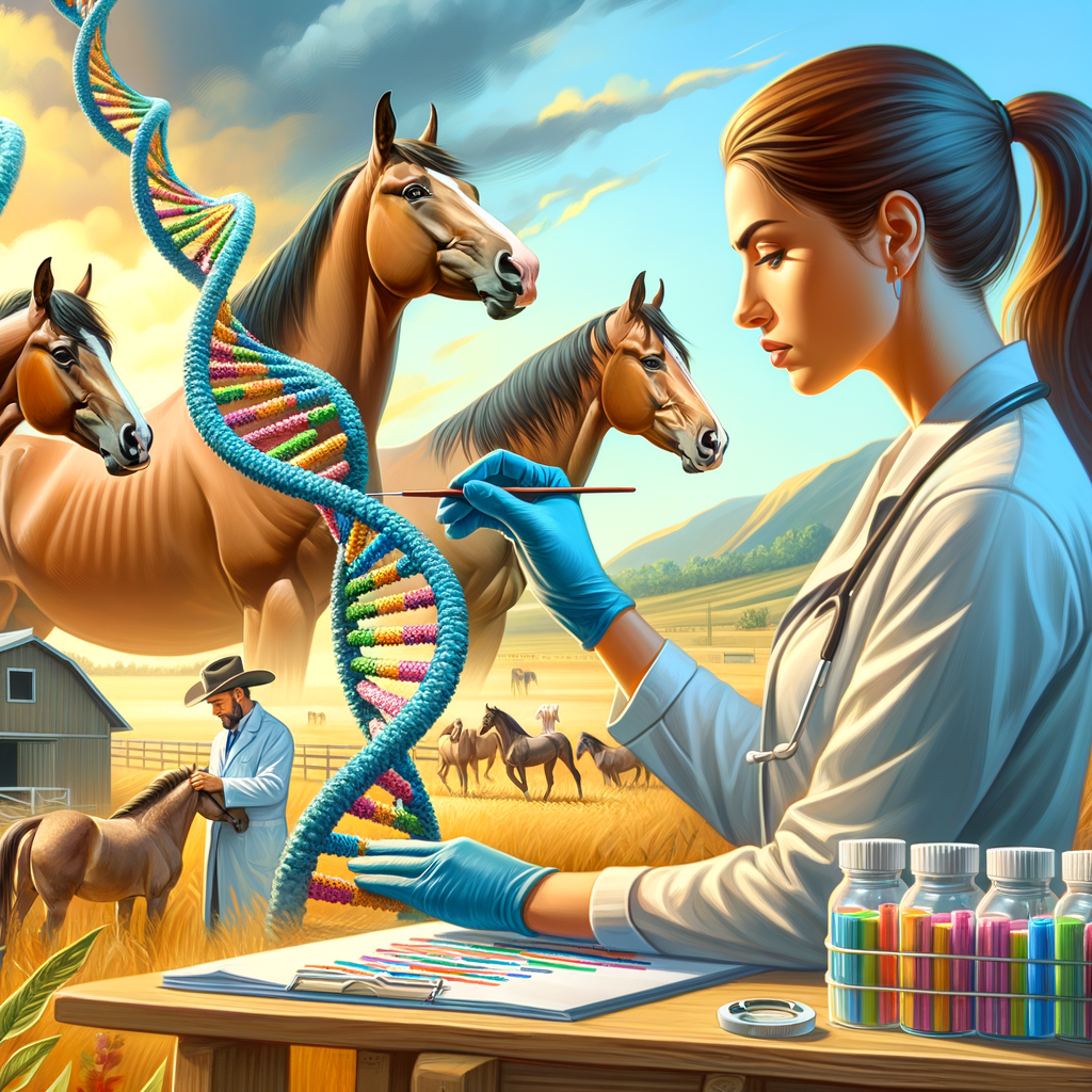 Horse breeder studying DNA strand for understanding Quarter Horse genetics, highlighting key genetic traits in horse breeding, essential for Quarter Horse breeders and equine genetics study.
