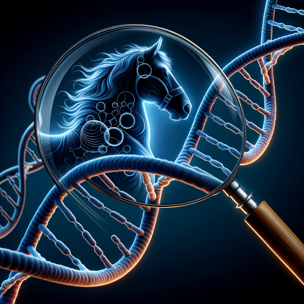Close-up of Quarter Horse DNA double helix intertwined with horse silhouette, symbolizing genetic diversity and ongoing research in Quarter Horse breed genetics and equine genetics.