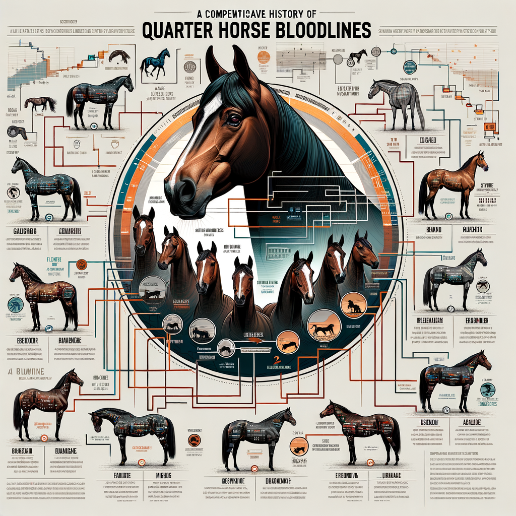 Infographic illustrating the history of famous Quarter Horse bloodlines, showcasing notable families, Quarter Horse genetics, pedigree, and ancestry, along with a timeline and flowchart of renowned Quarter Horse breeding process and lineage.