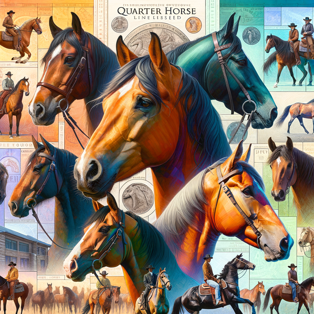 Collage illustrating Quarter Horse history, breed development, and characteristics, featuring portraits of famous and influential Quarter Horses, highlighting the impact of legendary Quarter Horses on the breed's evolution and lineage.