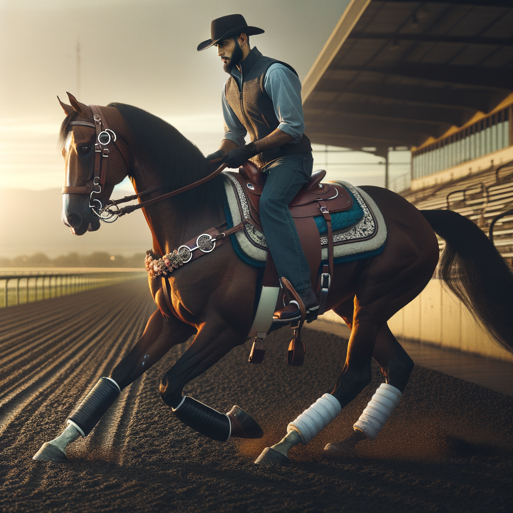 Professional quarter horse trainer demonstrating advanced equestrian strategies and competitive quarter horse racing training techniques in a high-intensity training setting.