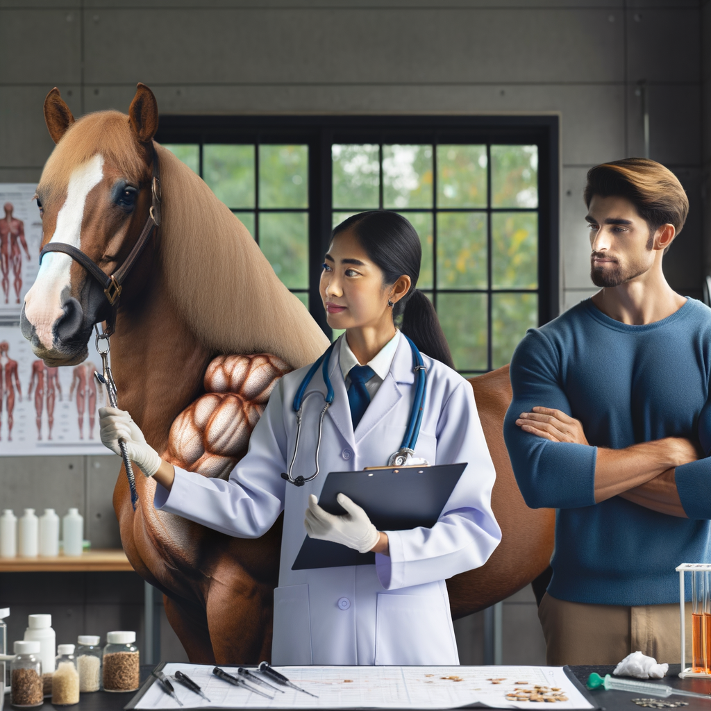 A veterinarian examines a Quarter Horse in a clinic as the owner watches, highlighting the importance of developing partnerships with veterinarians for effective Quarter Horse rescue strategies.