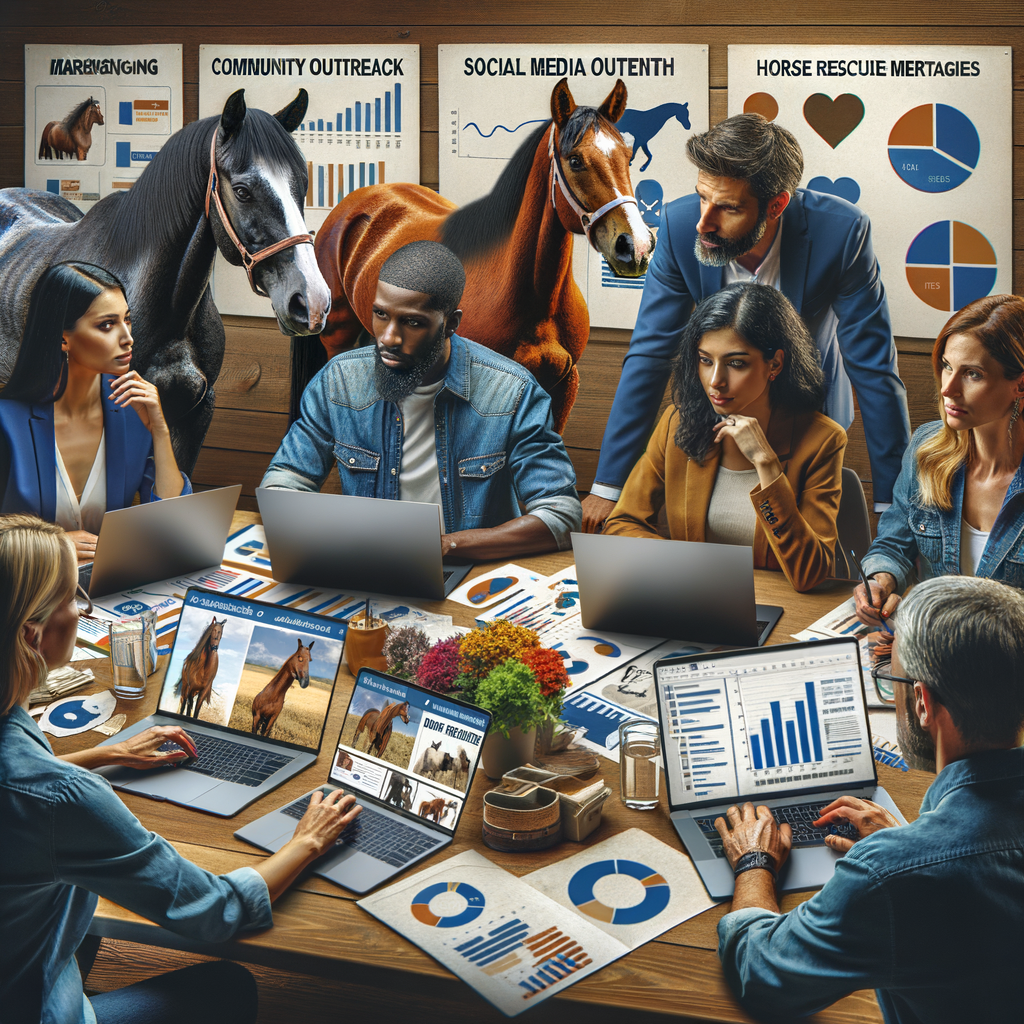 Professional marketing team strategizing around a table with charts and laptops, focusing on social media marketing and community outreach for quarter horse rescues.