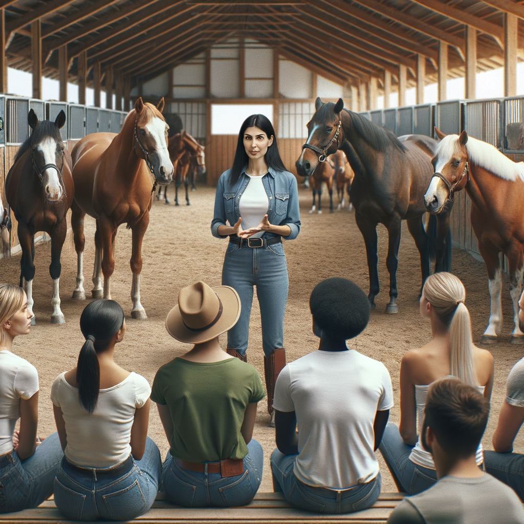 Volunteers learning hands-on Quarter Horse care techniques from a professional trainer, essential for creating a successful volunteer training program for horse rescue.