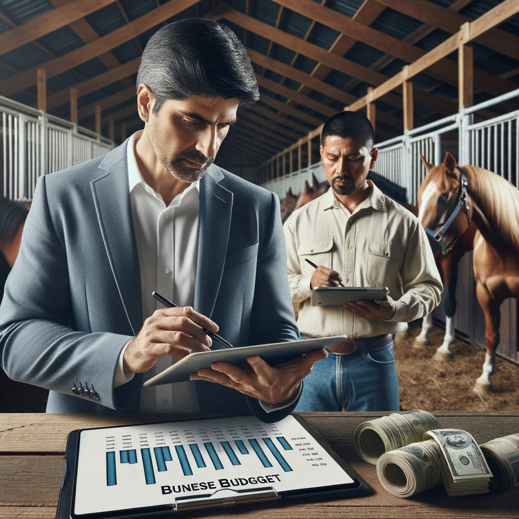 A professional horse owner reviews a budget plan on a tablet, emphasizing financial management and expense tracking for Quarter horse rescues.