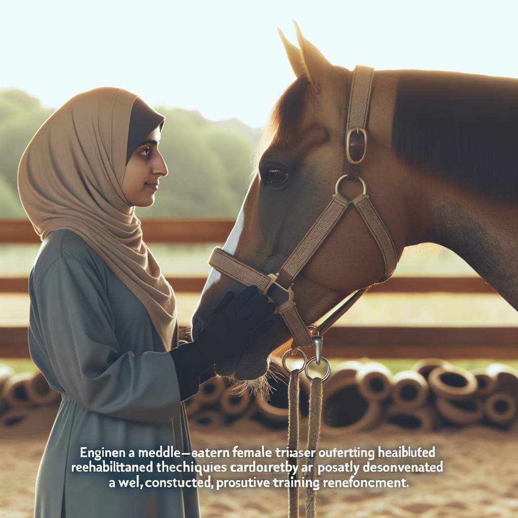 Professional horse trainer using positive reinforcement with a rescued Quarter Horse in an outdoor setting, demonstrating effective training and rehabilitation techniques.
