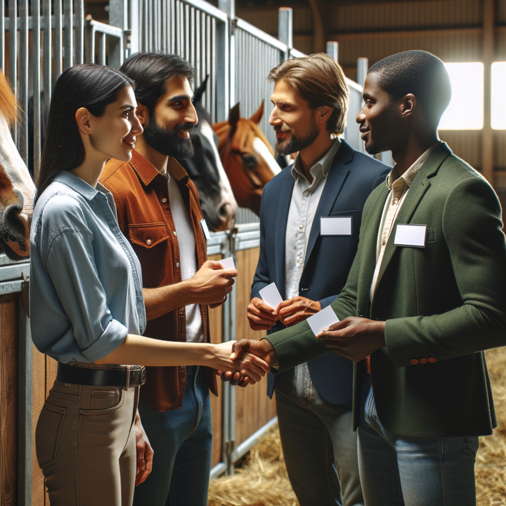 Networking with horse rescues: Professionals exchanging business cards at a rescue facility, symbolizing collaboration and support within the equine rescue community.