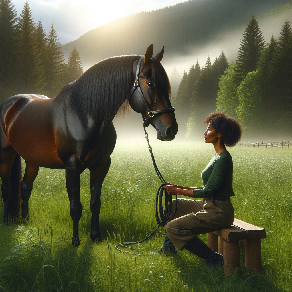 A rescued Quarter Horse being gently trained with natural horsemanship techniques in a lush paddock, showcasing the benefits of natural horsemanship for rehabilitation and care.