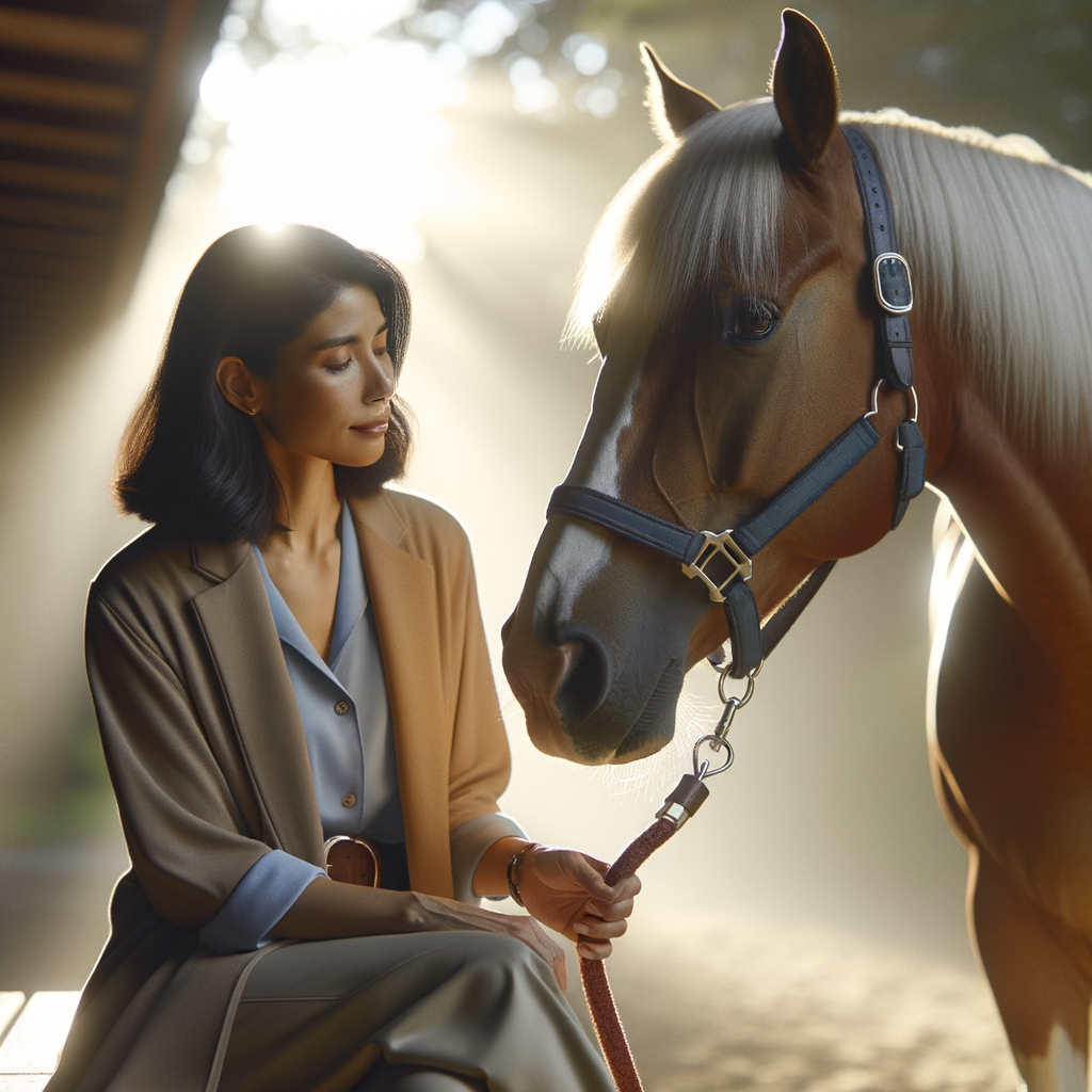Rescued Quarter Horse in equine-assisted therapy with a therapist, highlighting mental health benefits and rehabilitation for horse owners.