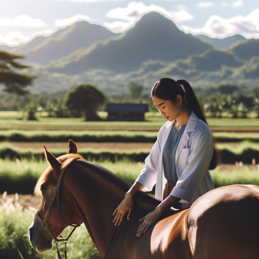 Equine chiropractor performing spinal alignment on a Quarter Horse outdoors, showcasing equine chiropractic care benefits in horse rescue and recovery.