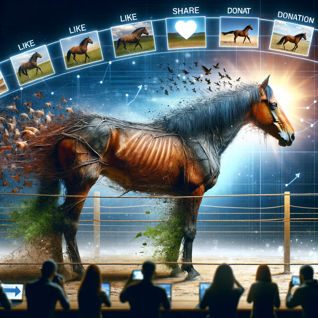 A professional social media campaign showcasing a rescued Quarter Horse's transformation and adoption journey, highlighting the impact of digital marketing and community support in promoting horse rescue awareness and fundraising efforts.