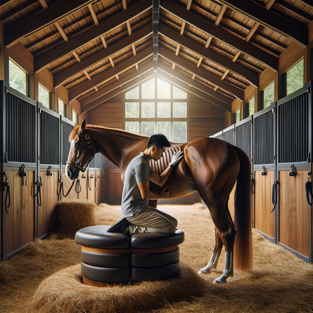 Equine chiropractor performs spinal adjustments on a rescued Quarter Horse, showcasing the benefits of chiropractic care for improving equine musculoskeletal health and mobility during rehabilitation.