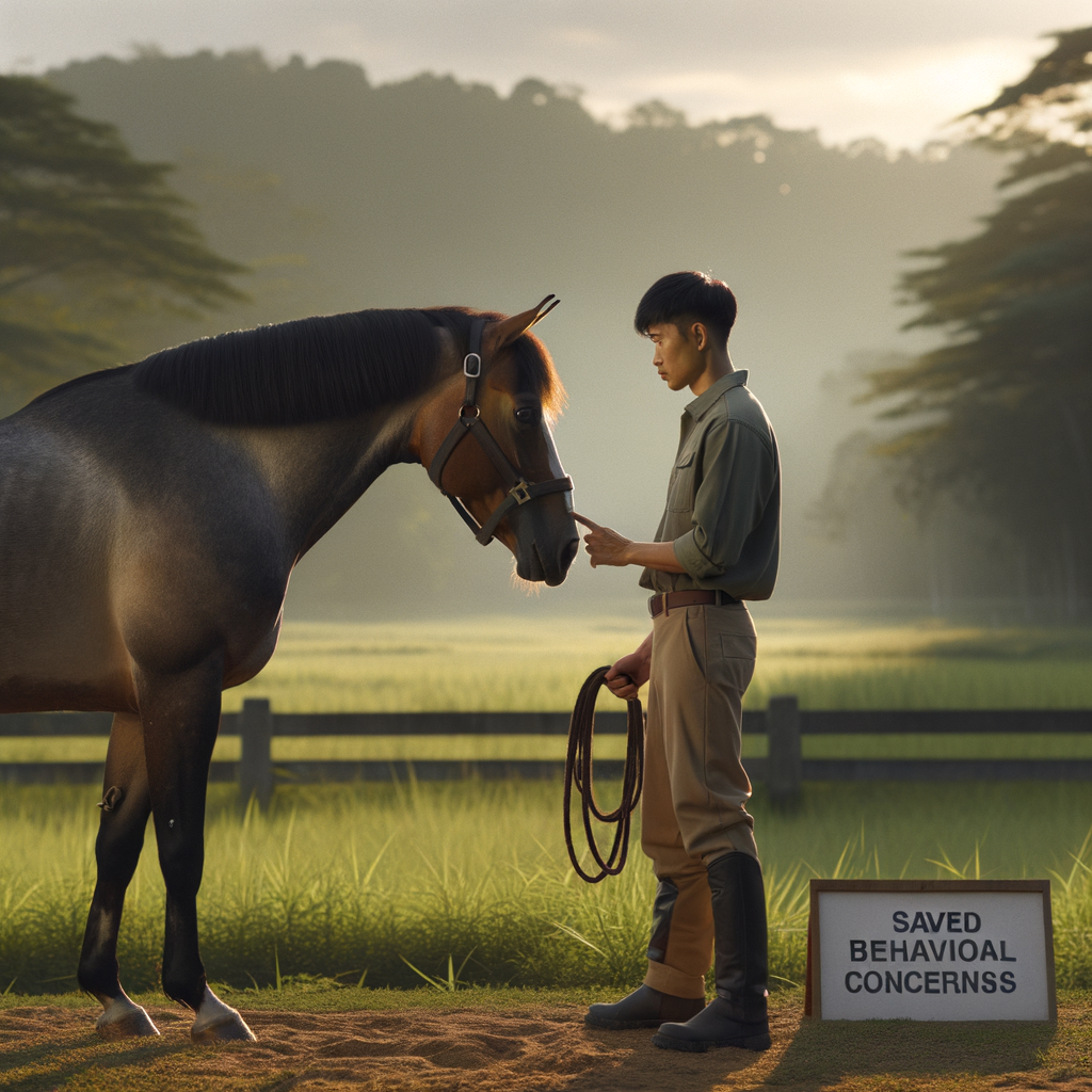Professional horse trainer rehabilitating a rescued Quarter Horse outdoors, demonstrating effective techniques for addressing behavioral issues.