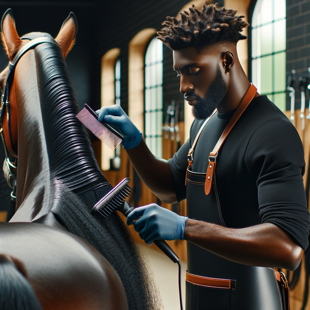 Professional groomer detangling a Quarter Horse's mane and tail using specialized tools and products, demonstrating best practices for mane and tail care.