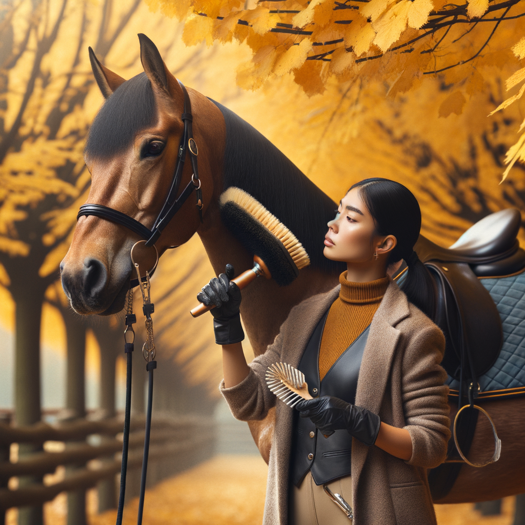 Professional groom brushing a Quarter Horse's coat amidst vibrant autumn leaves, showcasing best practices for Quarter Horse grooming in fall.