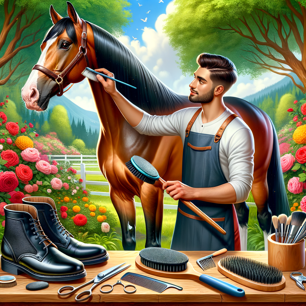Professional groomer brushes a sleek Quarter Horse with essential grooming tools in a springtime setting, highlighting best practices for Quarter Horse grooming in spring.