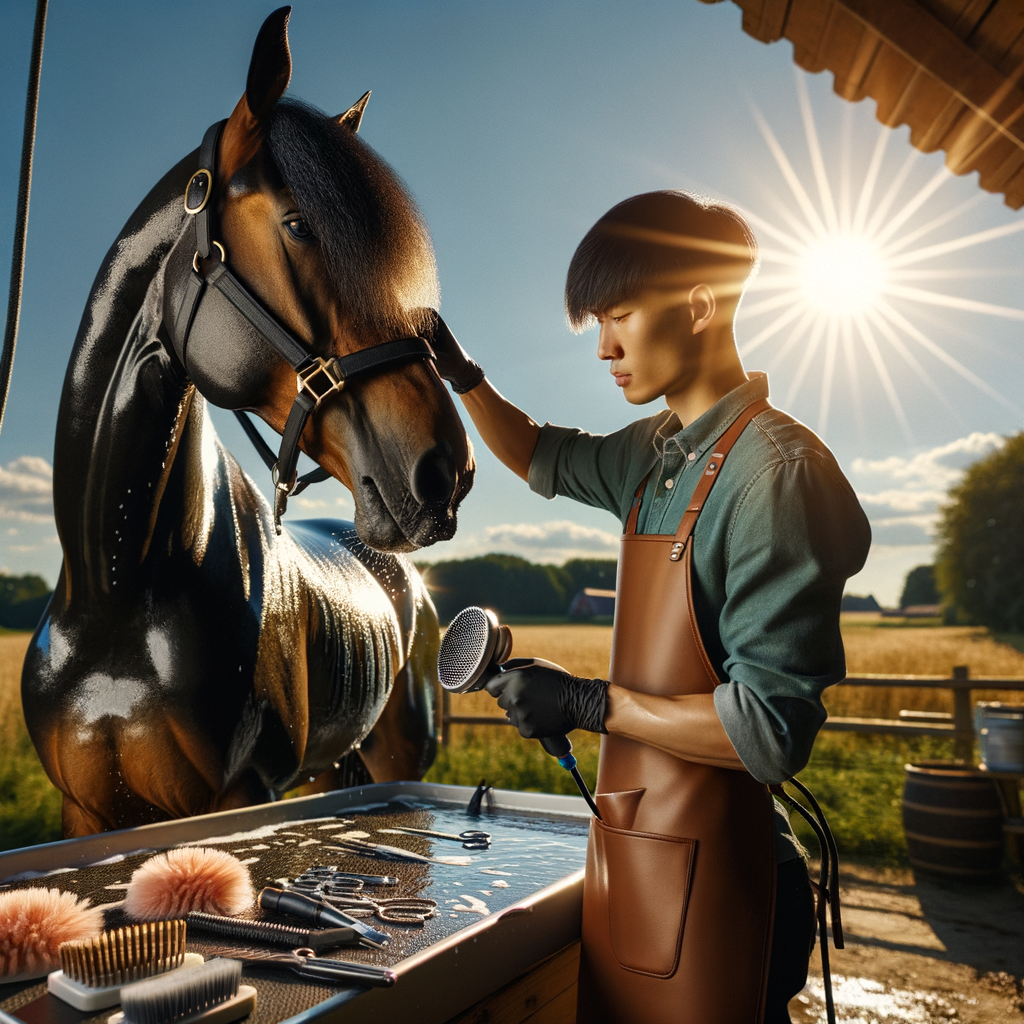 Professional groomer brushes a sleek Quarter Horse under the summer sun, demonstrating best practices for Quarter Horse grooming in summer, including essential tools and techniques for preventing heat stress and ensuring hydration.