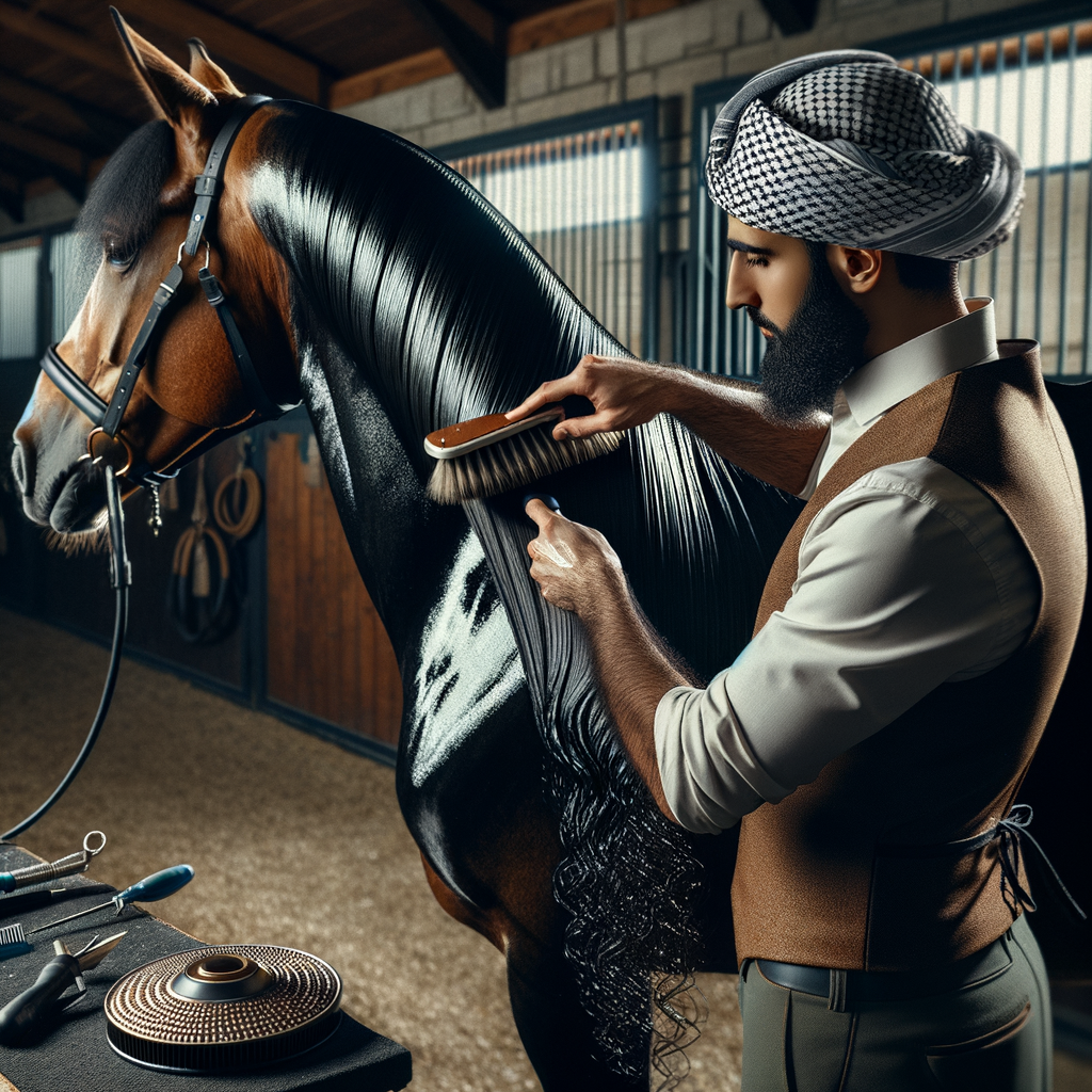 Professional groomer detangling a Quarter Horse's mane with top grooming tools in a stable, exemplifying best practices for mane and tail care.