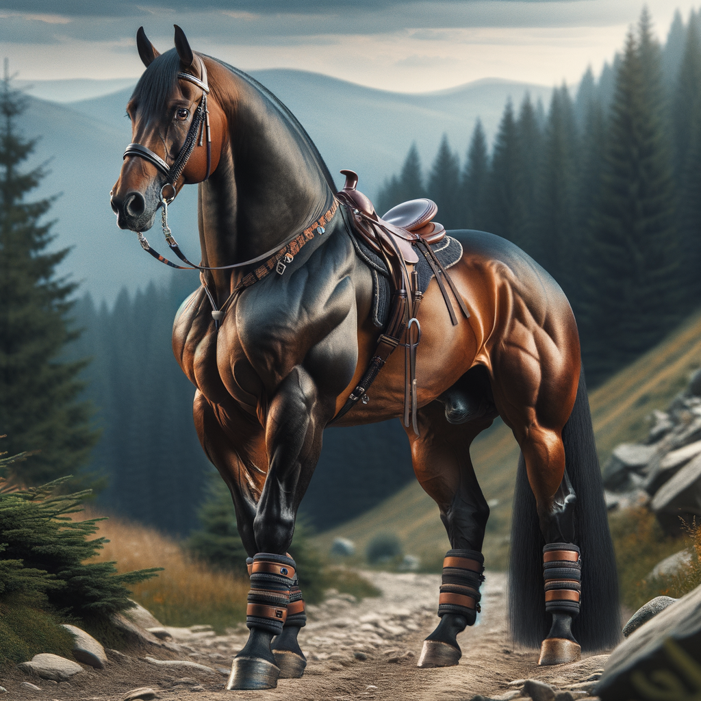 Well-muscled Quarter Horse with high-quality trail riding gear on a rugged trail, showcasing stamina and agility in a forested landscape for competitive trail riding.