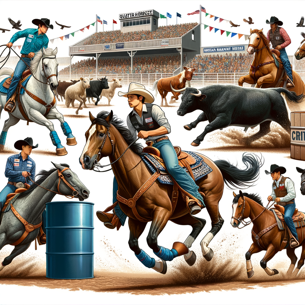 Dynamic scene of various Quarter Horse competitions, including barrel racing, cutting, reining, and versatility ranch horse events, set against a vibrant rodeo backdrop.